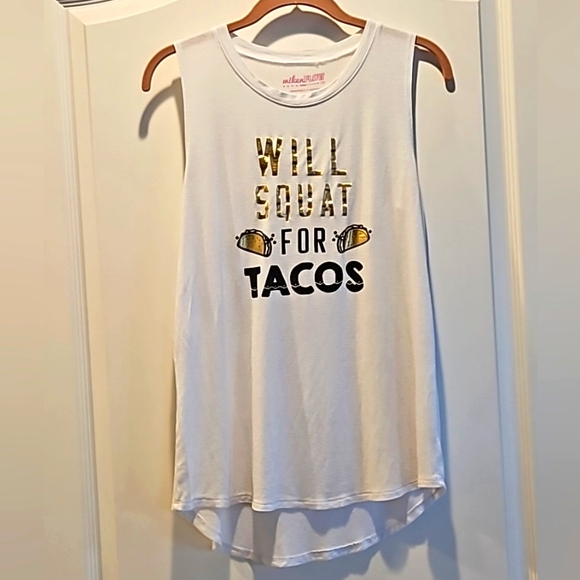 Miken Flow WILL SQUAT FOR TACOS Tank Top Sleeveless Womens Medium White Gold - Picture 2 of 12